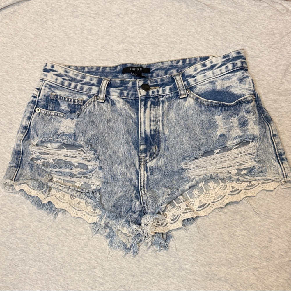 Forever 21 Blue Distressed Jean Shorts with Lace